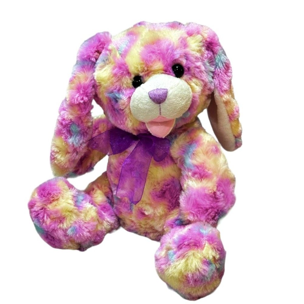 Purple Yellow Blue Dog Plush Stuffed Smiling Easter Puppy Kids of America 9 Inch